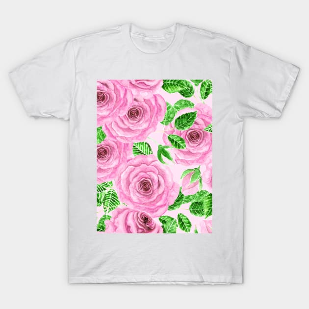 Pink watercolor roses with leaves and buds pattern T-Shirt by katerinamk